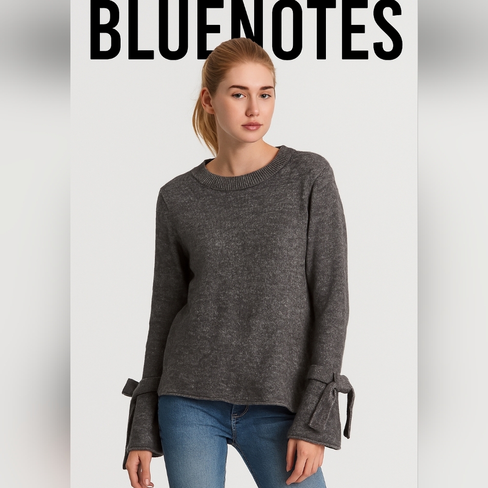 BLUENOTES Sweater Bell Tie Sleeves Crew Neck  Grey Sz MED
